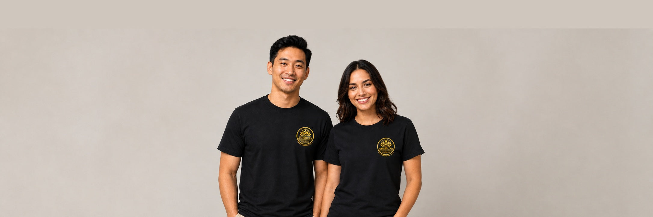 Two young adults wearing American Mindfulness Commons shirts, positioned for Shopify blog hero display