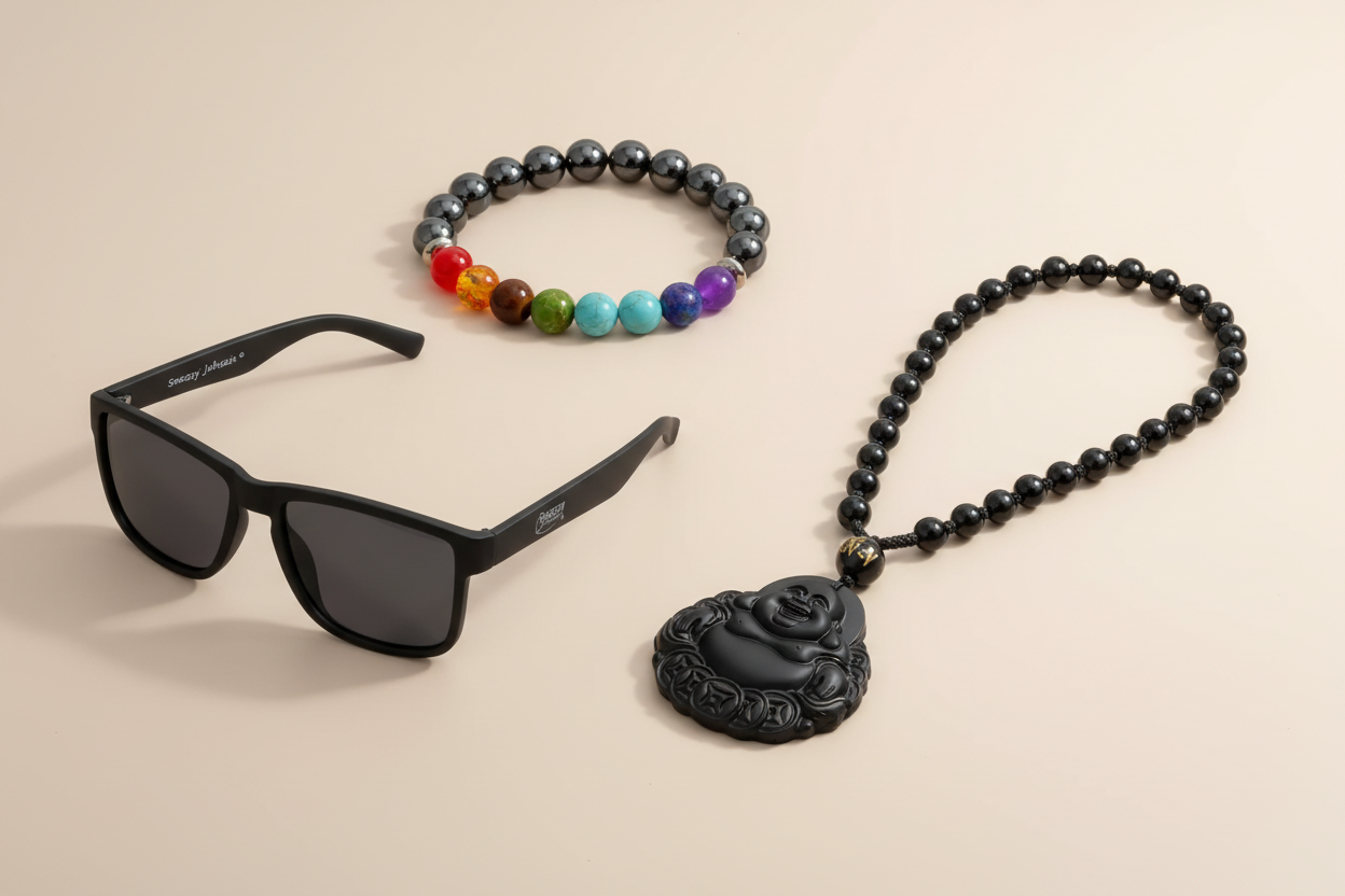 Snazzy Jahzzie fashion accessories including bracelets, sunglasses, and jewelry arranged on neutral background