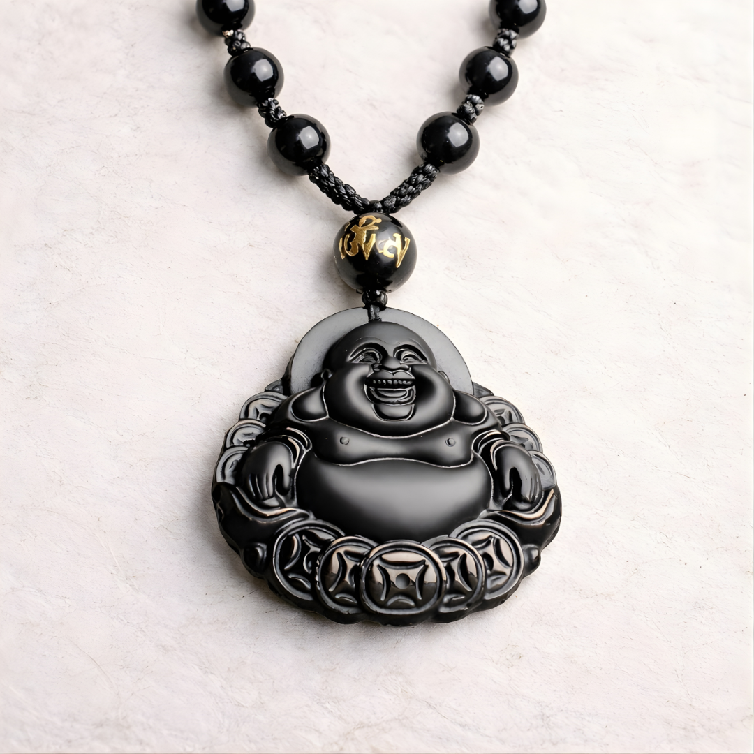 Black Obsidian Beaded Rosary Necklace with Laughing Buddha Charm