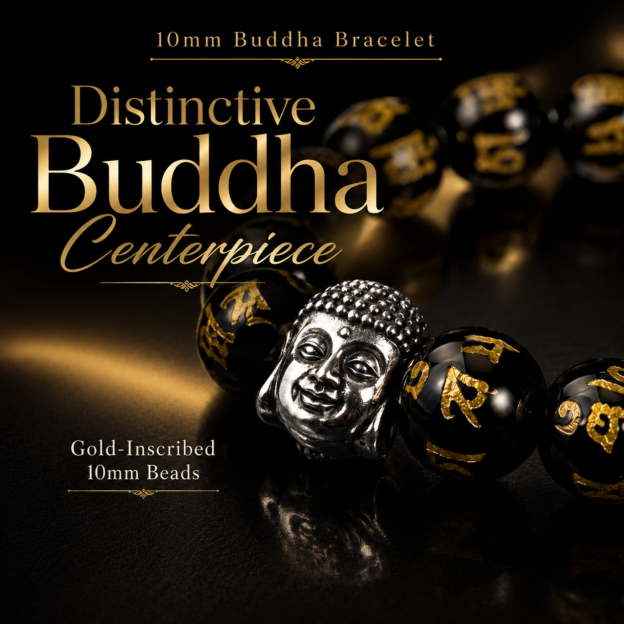 10mm Monk-Blessed Buddha Bracelet – Black & Gold