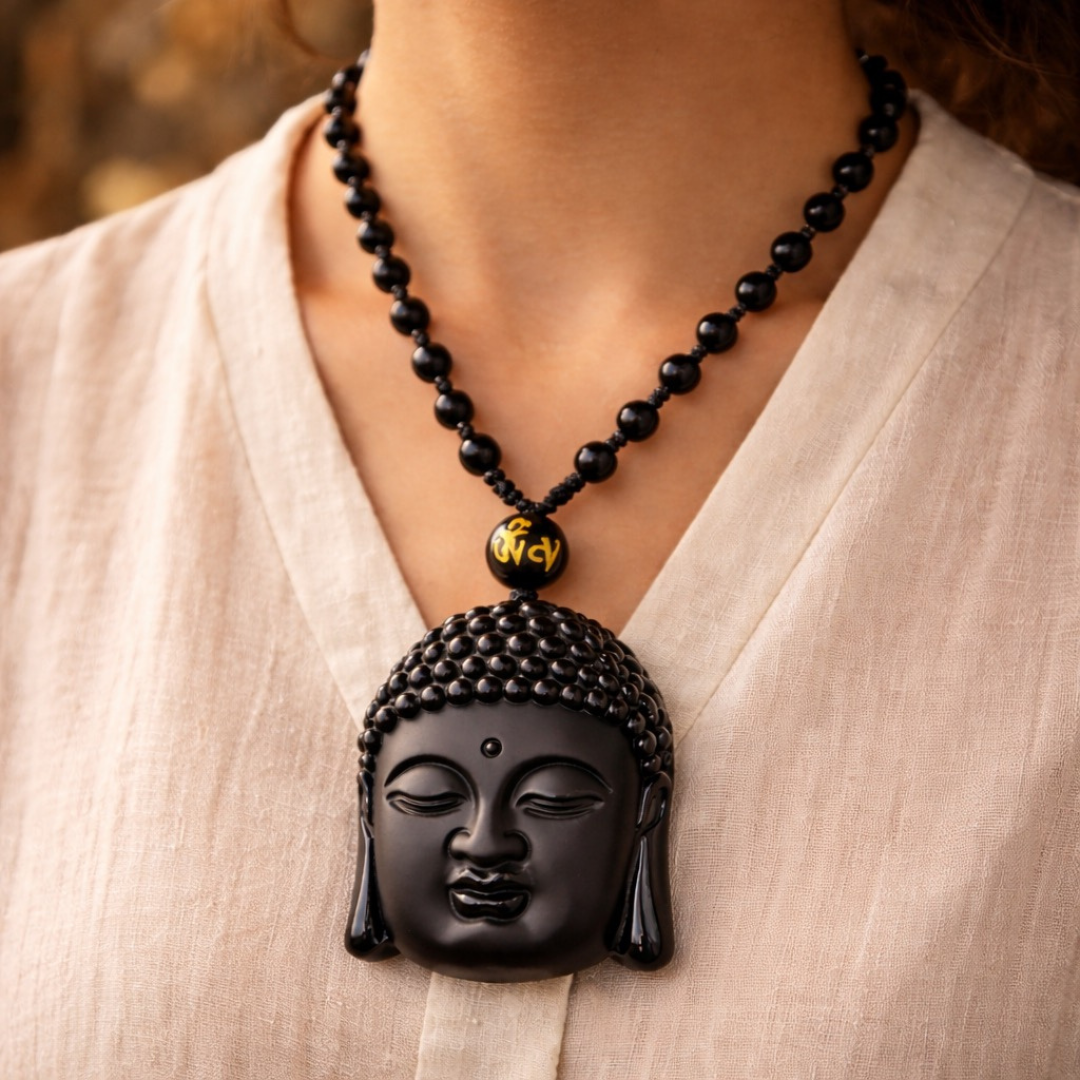 Black Obsidian Rosary Necklace – Sakyamuni Buddha Protection