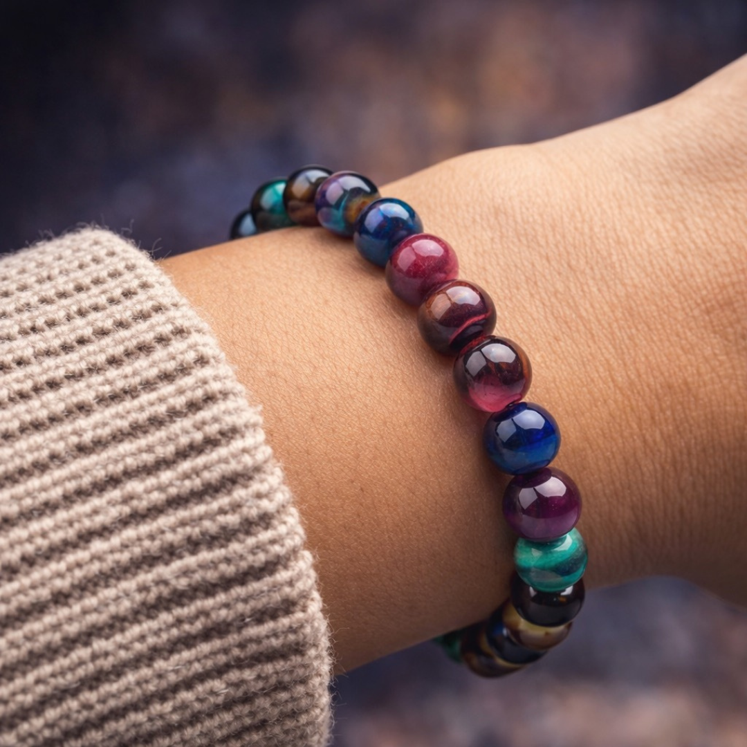 Multicolor Tiger Eye Beaded Bracelet – Natural Stone Meditation Bracelet for Balance & Protection (8mm)