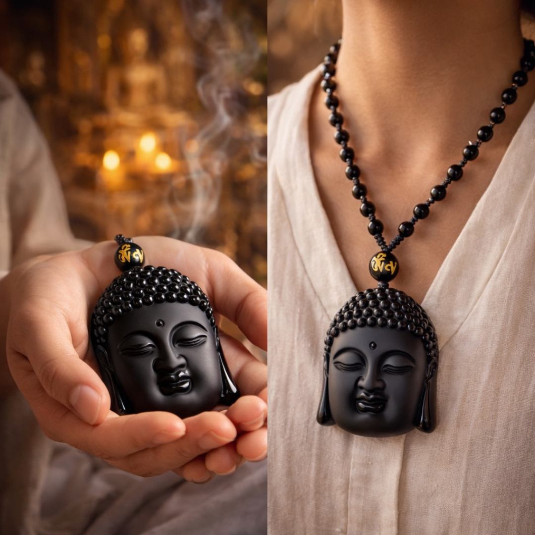 Black Obsidian Rosary Necklace – Sakyamuni Buddha Protection
