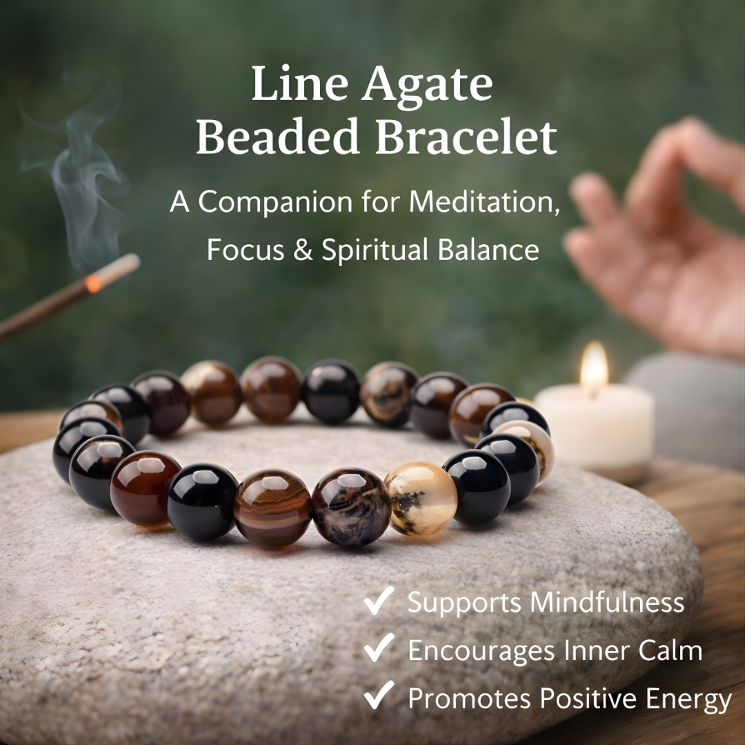 Natural Line Agate Beaded Bracelet – Handmade Stretch Stone Meditation Bracelet