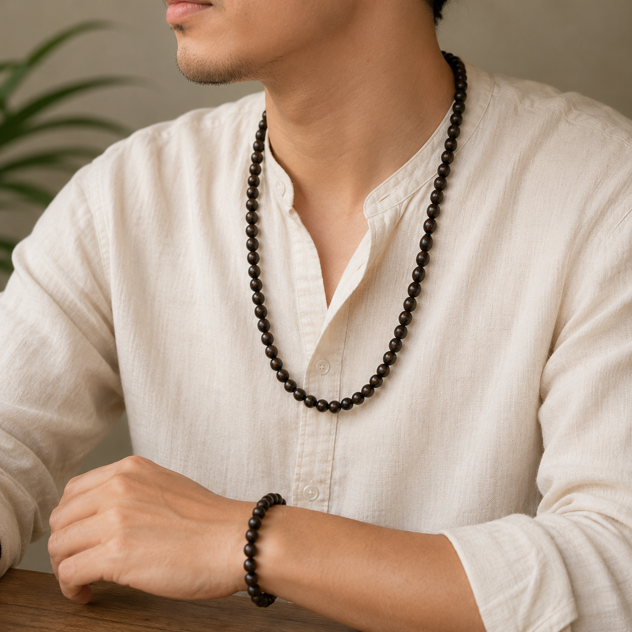 Vietnam Natural Wood Meditation Bracelet & Necklace Set – Monk-Blessed Jewelry
