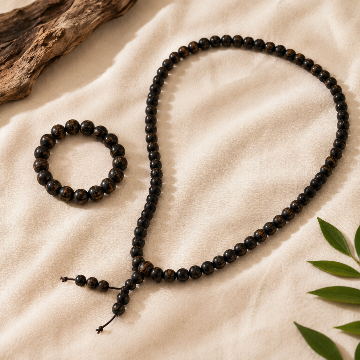 Vietnam Natural Wood Meditation Bracelet & Necklace Set – Monk-Blessed Jewelry