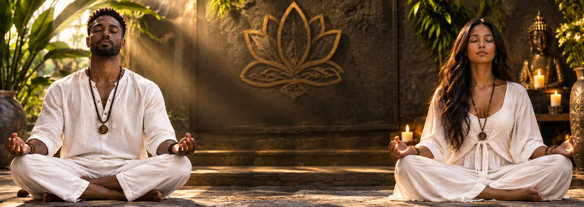 Two people meditating in white clothing in a warm zen setting with open center space for the Snazzy Jahzzie newsletter signup