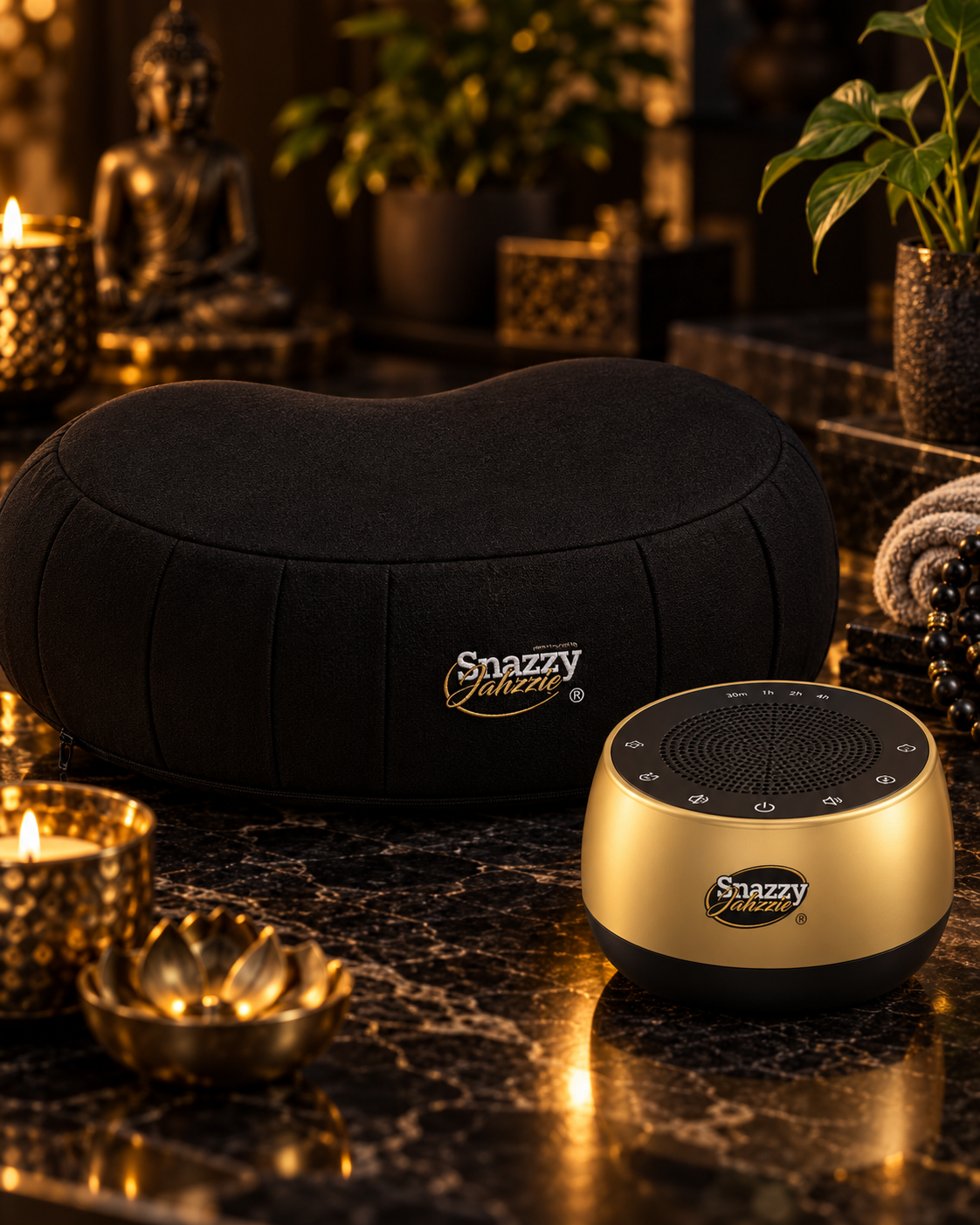 Snazzy Jahzzie meditation cushion and Tibetan Singing Bowl Machine in a black and gold meditation setting