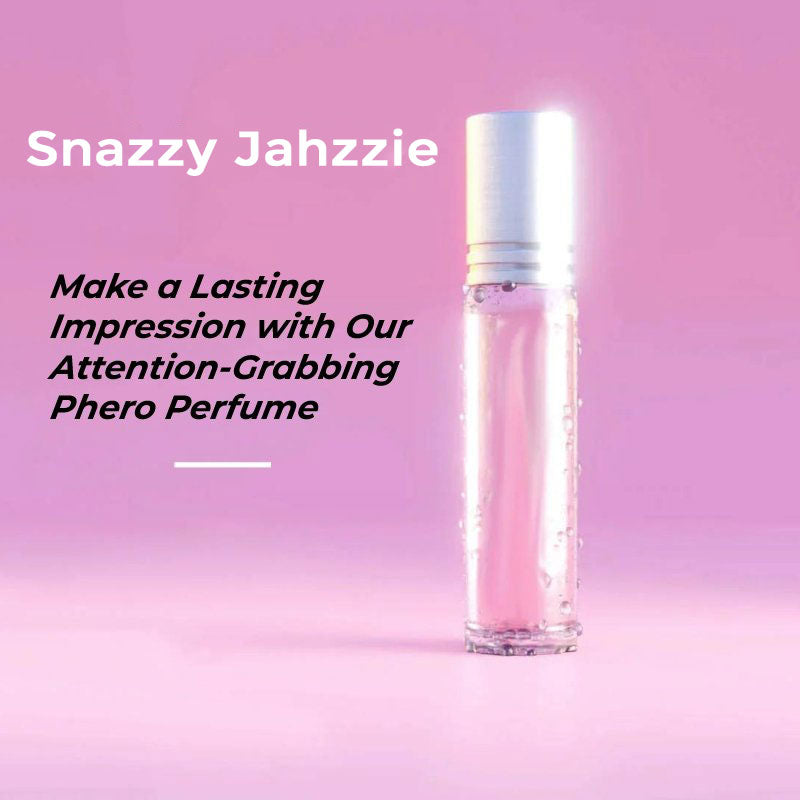 A promotional image for Snazzy Jahzzie LLC's Snazzy Jahzzie® Phero Perfume. The image features a clear glass perfume bottle with pink liquid inside and a white cap, set against a pink background. Text reads: