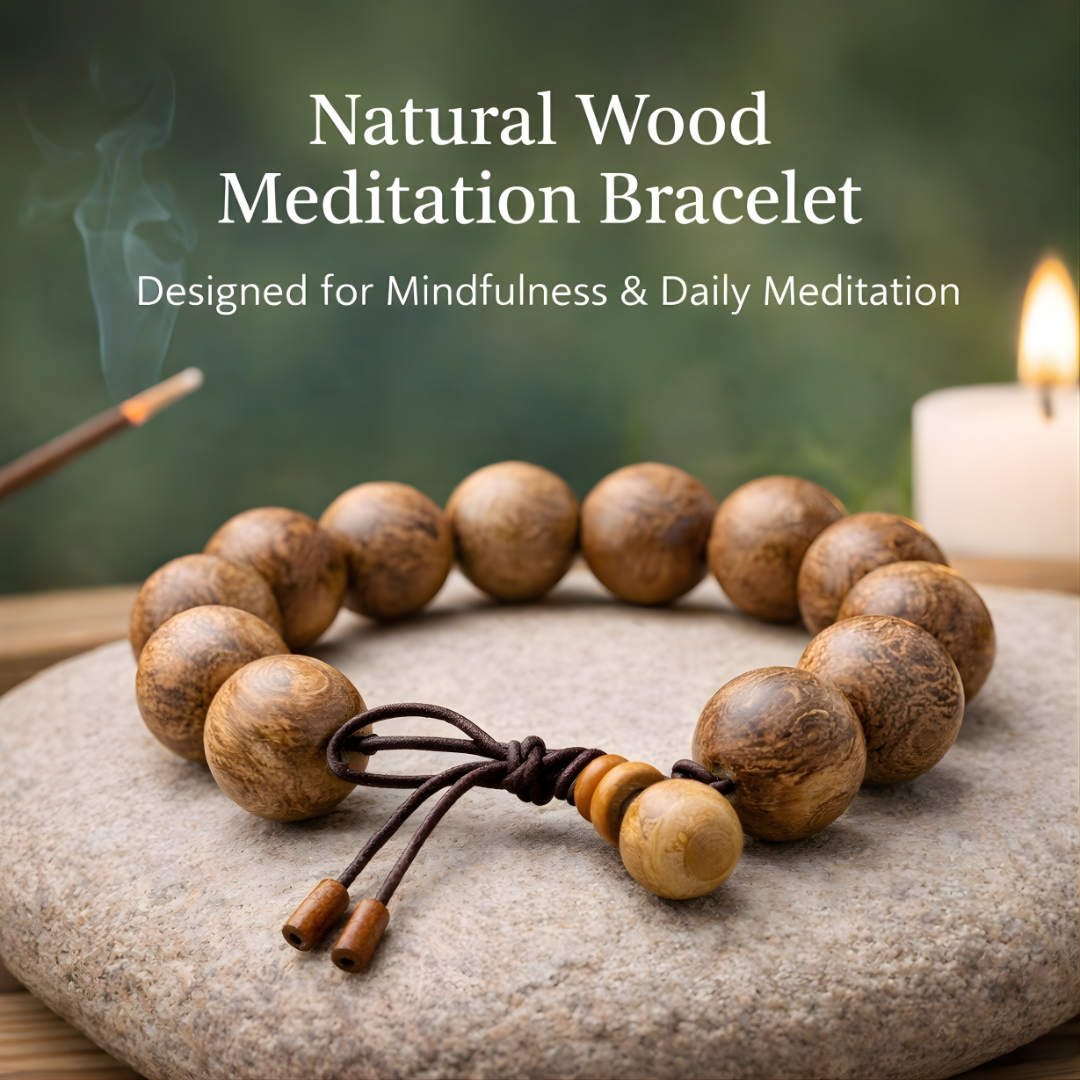 Natural Agarwood meditation bracelet with wooden beads on stone surface, designed for mindfulness and spiritual practice