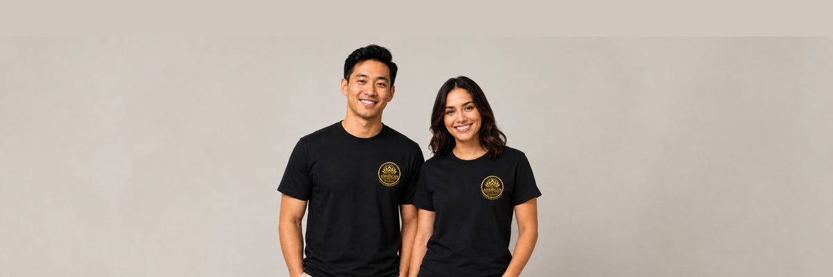 Two young adults wearing American Mindfulness Commons shirts, positioned for Shopify blog hero display