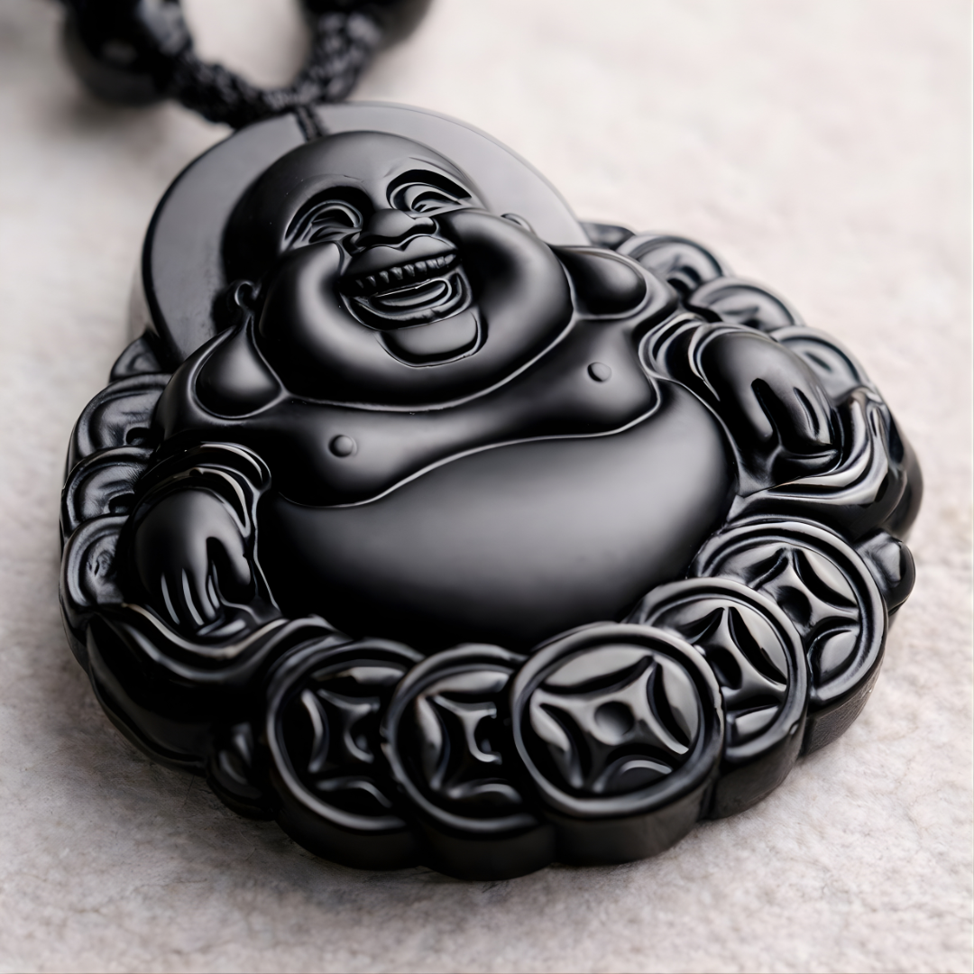 Black Obsidian Beaded Rosary Necklace with Laughing Buddha Charm
