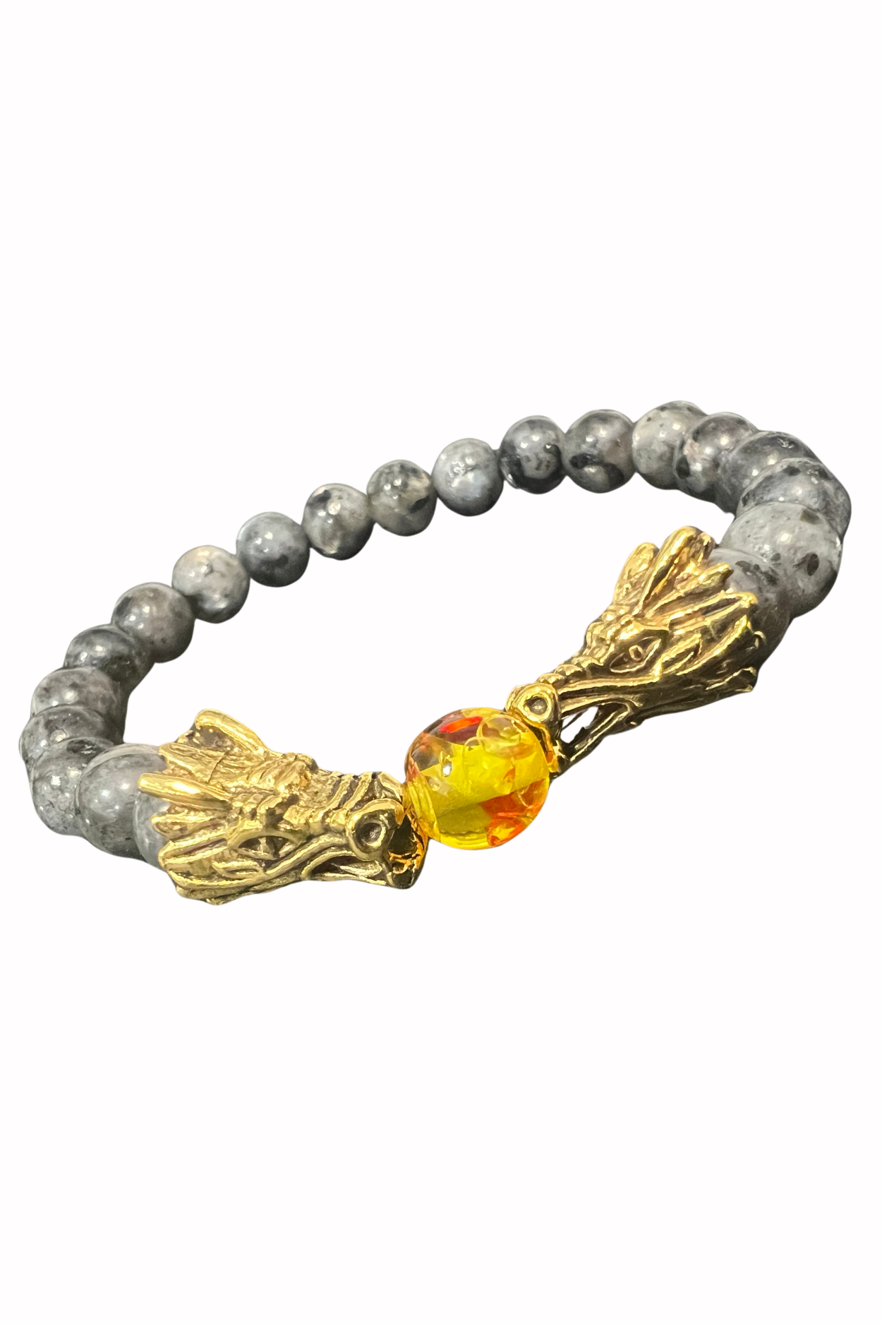 Chinese Gold Plated Dragon 8 mm Natural Stone Beaded Bracelet