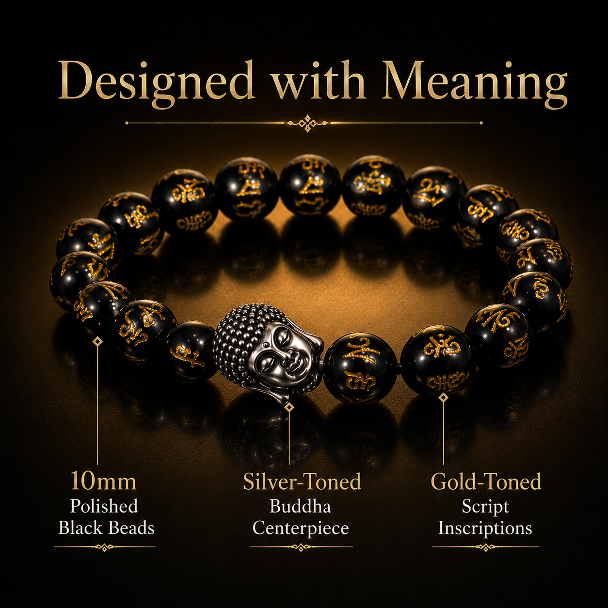 10mm Monk-Blessed Buddha Bracelet – Black & Gold