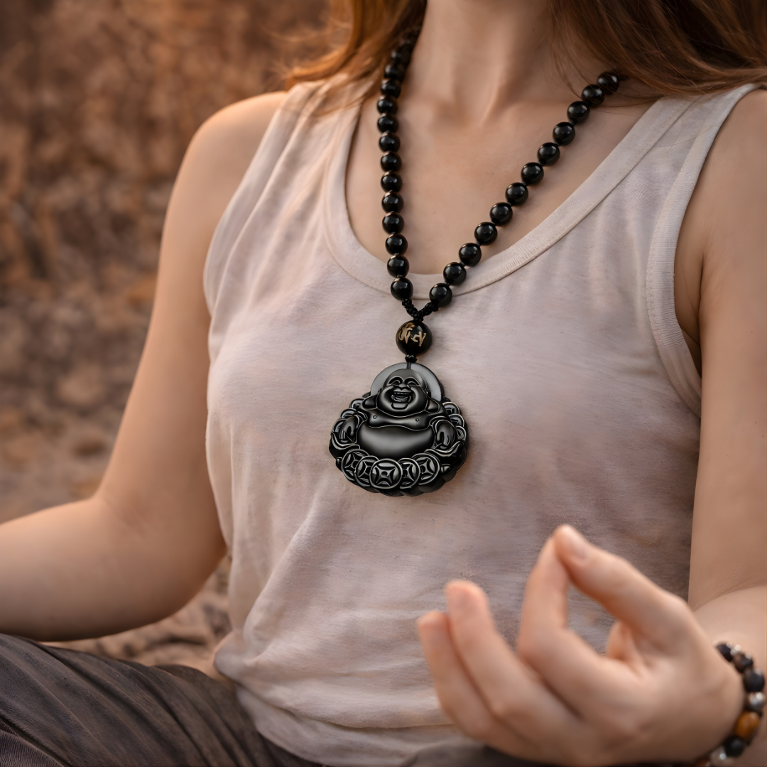 Black Obsidian Beaded Rosary Necklace with Laughing Buddha Charm