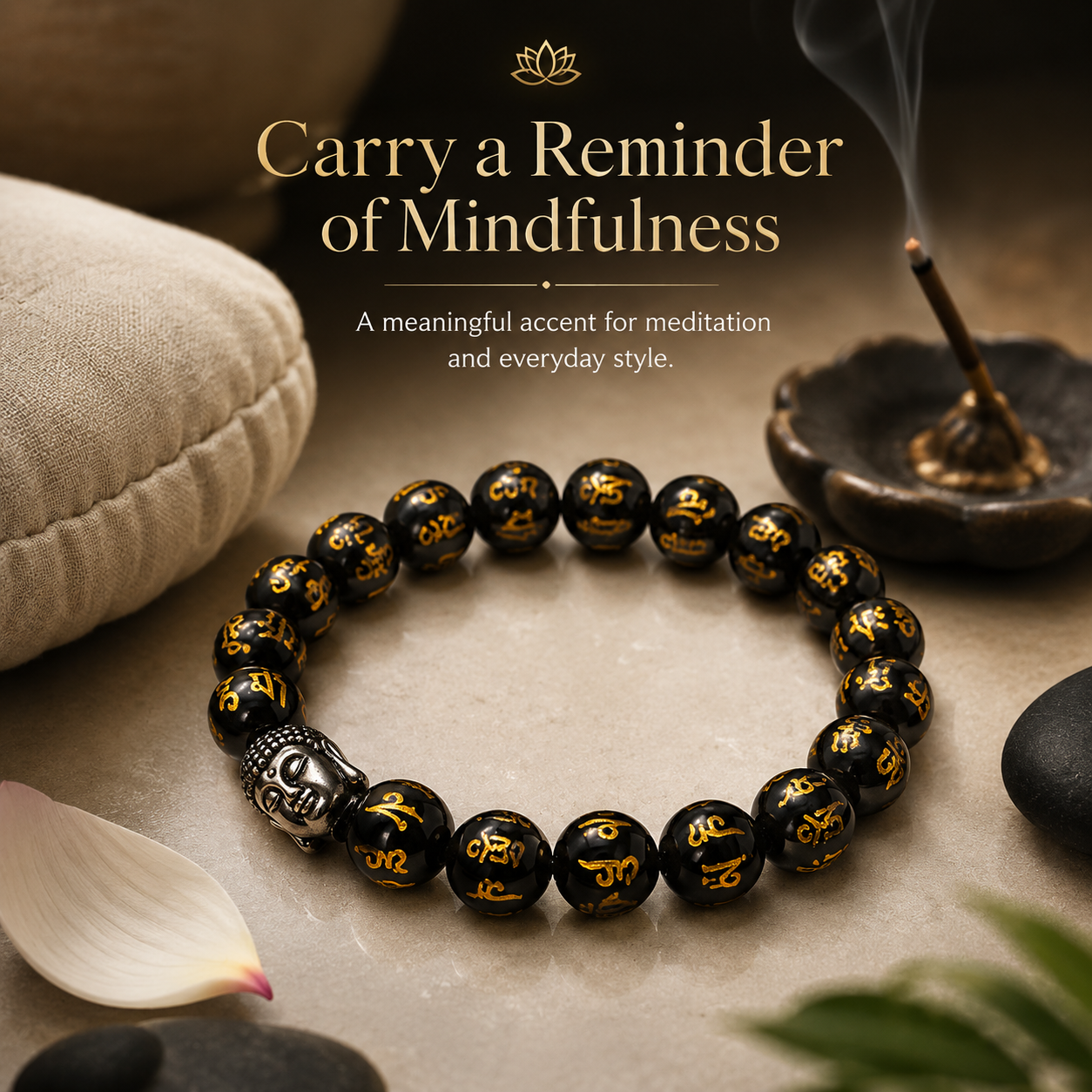 10mm Monk-Blessed Buddha Bracelet – Black & Gold