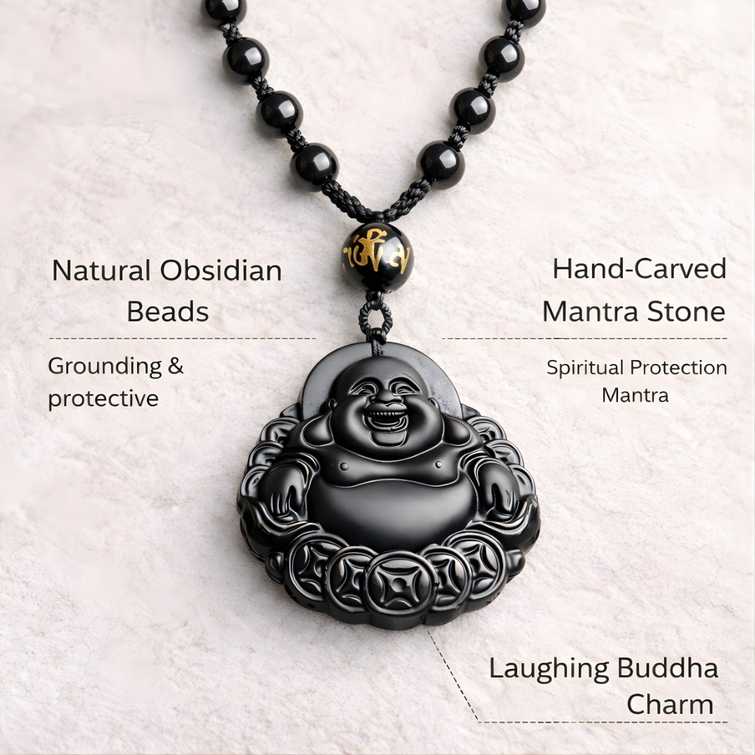 Black Obsidian Beaded Rosary Necklace with Laughing Buddha Charm