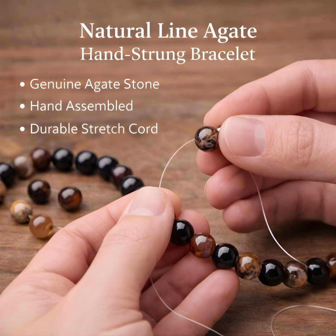 Natural Line Agate Beaded Bracelet – Handmade Stretch Stone Meditation Bracelet