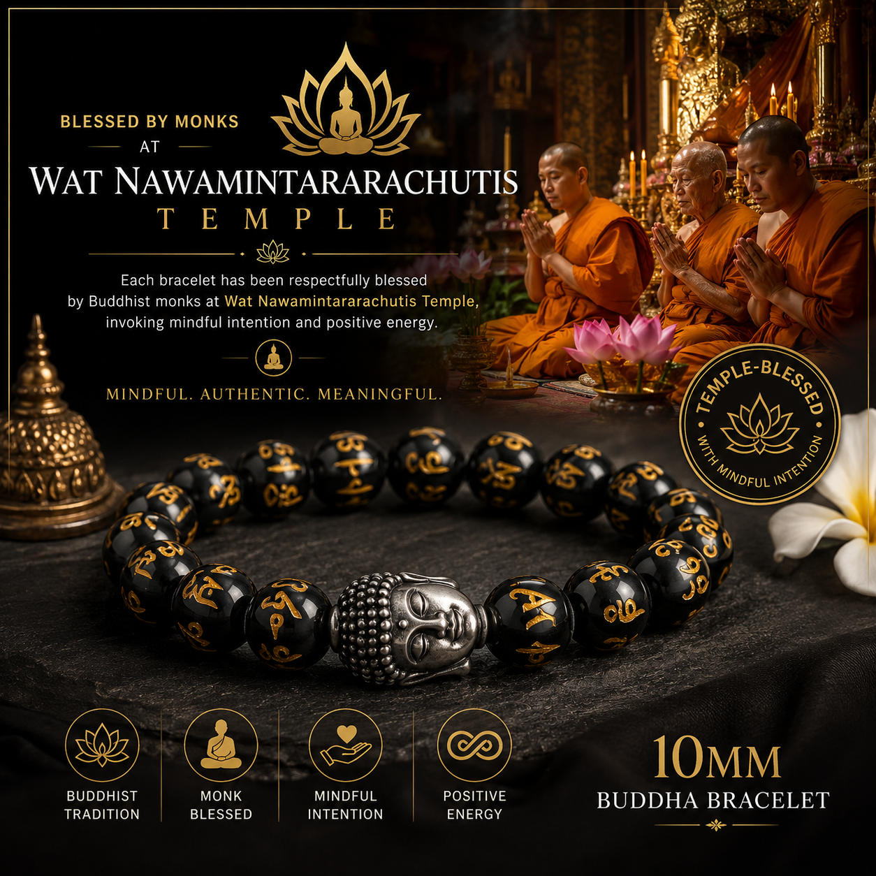 10mm Monk-Blessed Buddha Bracelet – Black & Gold
