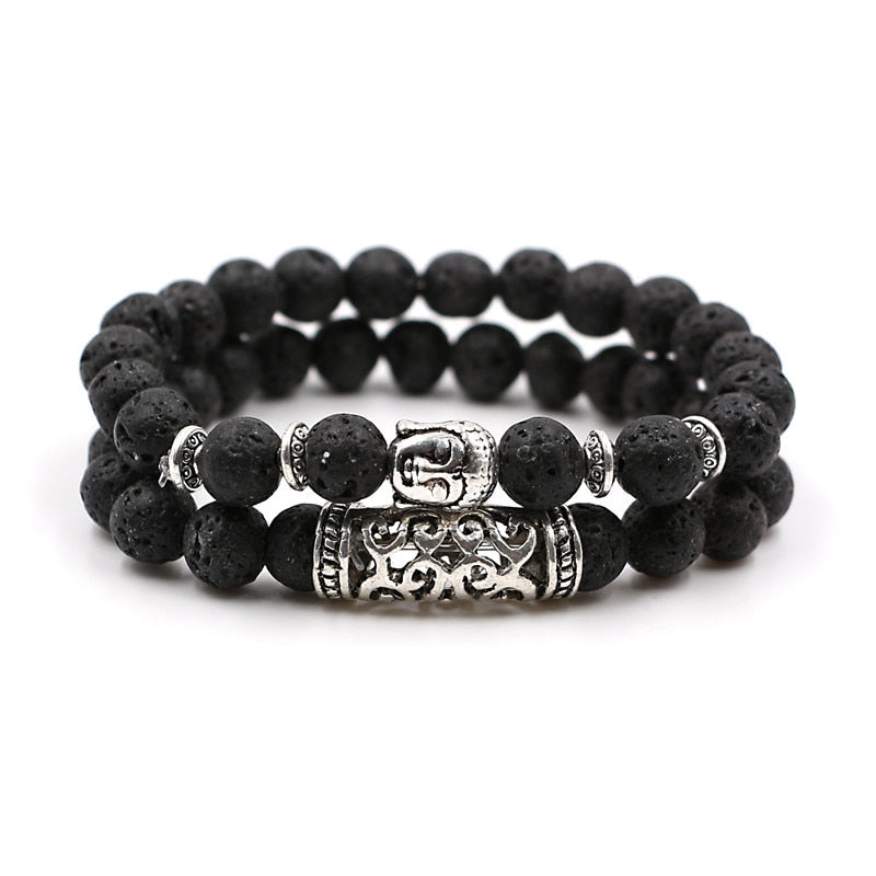 2Pcs/ Set All Natural Stone Beads Silver Plated Buddha Bracelet.
Available in three colors. Black, White, & Brown