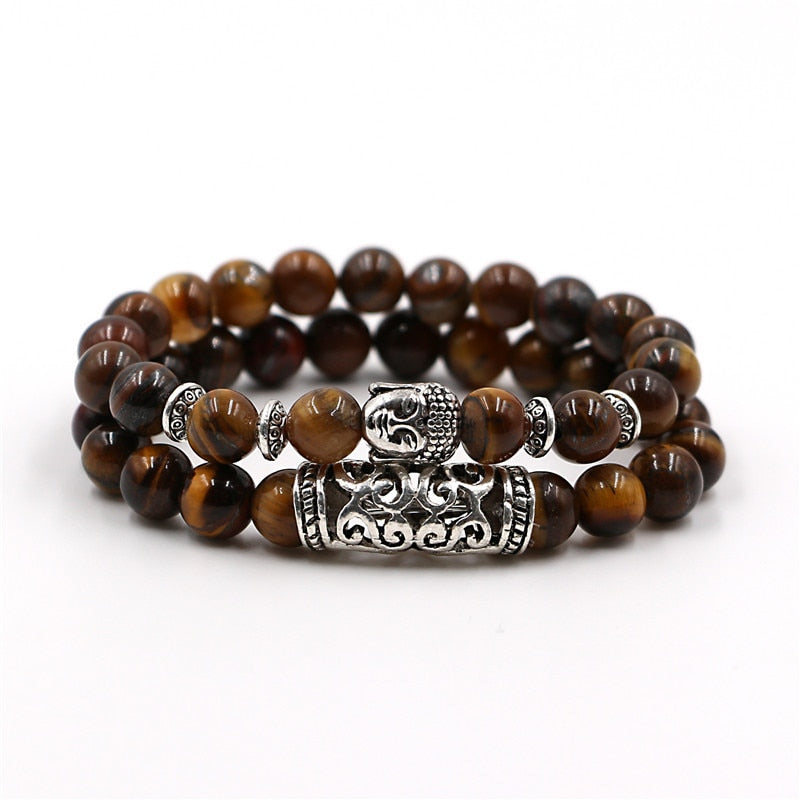 2Pcs/ Set All Natural Stone Beads Silver Plated Buddha Bracelet.
Available in three colors. Black, White, & Brown