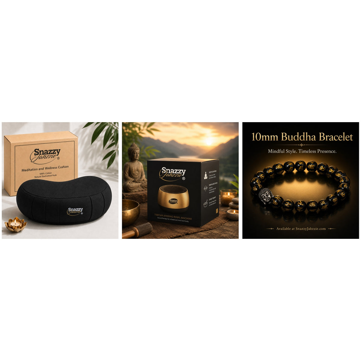 Meditation Starter Bundle: meditation cushion, Tibetan singing bowl machine and 10mm Buddha bracelet