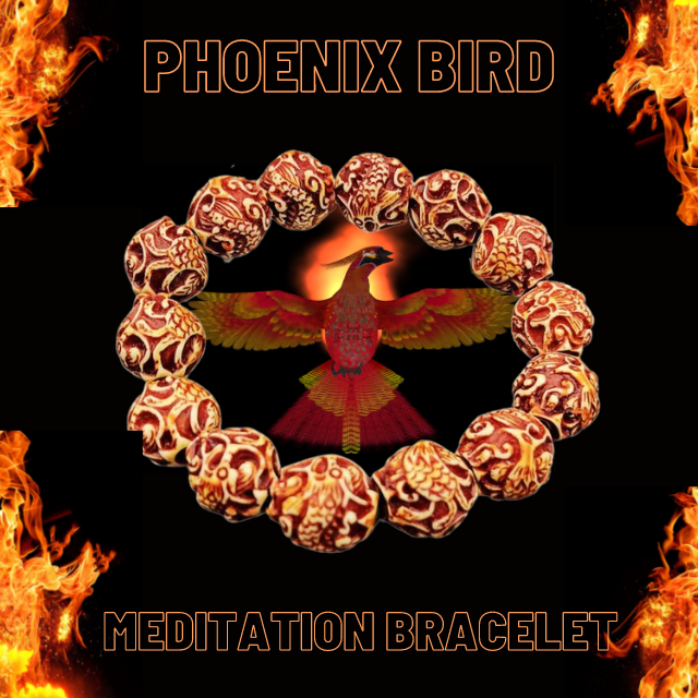 A phoenix bird is illustrated in bright, fiery colors, with flames in the background. Surrounding the mesmerizing bird is a 14mm Phoenix Bird Meditation Bracelet by Snazzy Jahzzie featuring resin beads with intricate designs on each bead. The text reads "PHOENIX BIRD" at the top and "MEDITATION BRACELET" at the bottom.