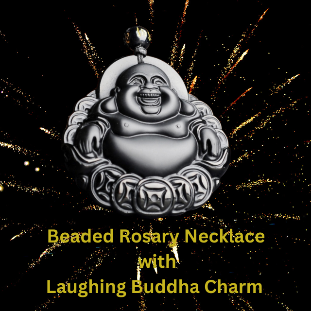 Beaded Rosary Necklace with Laughing Buddha Charm