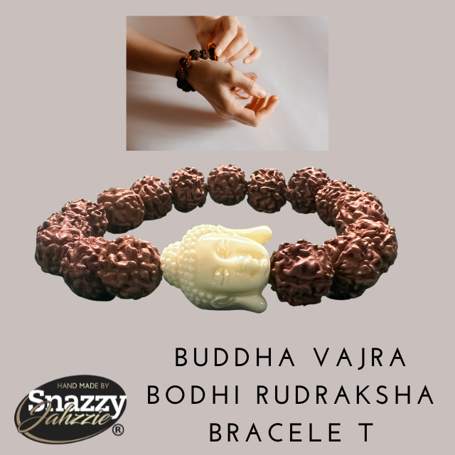 A bracelet made of brown rudraksha beads and a Buddha head centerpiece is displayed. Above it, a smaller image shows a person tying a similar bracelet on another's wrist. "9mm Buddha Vajra Bodhi Rudraksha Bracelet" and "Handmade by Snazzy Jahzzie LLC" are in the text, perfect for meditation and healing.