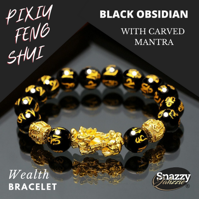 PiXiu Feng Shui  Black Obsidian Bracelet With Hand Carved Mantra.  Unisex 12mm