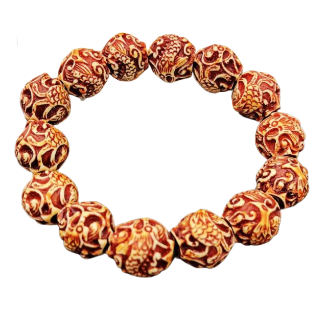 A Snazzy Jahzzie Phoenix Bird Meditation Bracelet consisting of 14mm resin beads in round, maroon, and beige tones with intricately carved patterns. Featuring a Phoenix Bird charm, the beads are arranged in a circle and appear to be strung together with an elastic material. The plain white background highlights its elegance.