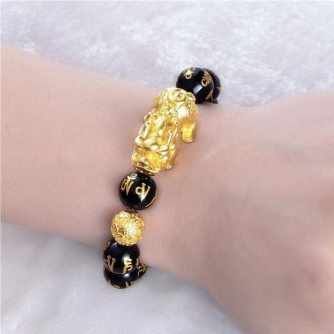 Buy Fastel Feng Shui Black Obsidian PixiuOm mani Bracelet Wealth Good  Luck Dragon with Double Gold Plated Pi XiuPi Yao Attract Luck and Wealth  14 Beads with Certified at Amazonin