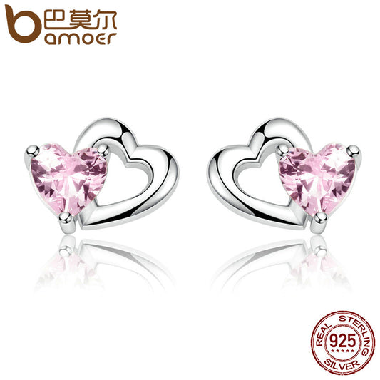 Sterling Silver Double Heart to Heart Pink CZ Stud Earrings for women - Snazzy Jahzzie LLC